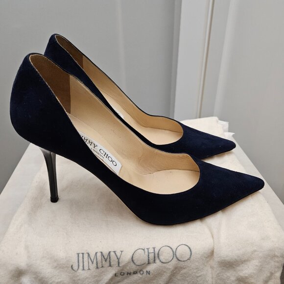 Jimmy Choo Agnes Suede Navy Heels, Sz 37 - Box & Dust Bag - Picture 2 of 13
